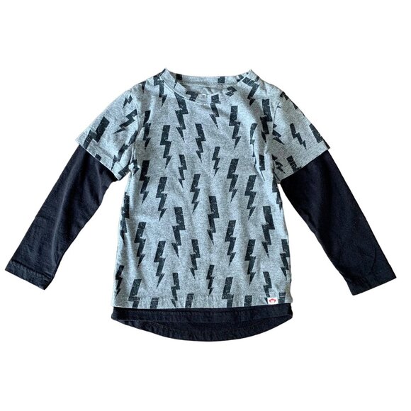 APPAMAN Lightning Bolt T-Shirt Boys 5 Double Layer Cotton Tee Top Gray Black Boy - Picture 1 of 6